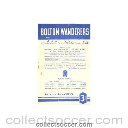 1952 - Bolton Wanderers vChelsea official programme 15/03/1952 - Collect Soccer