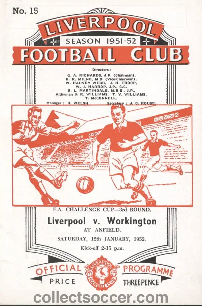 1952 Liverpool v Workington Directors Issue FA Cup 3rd Round Programme 12/1/1952 - Collect Soccer