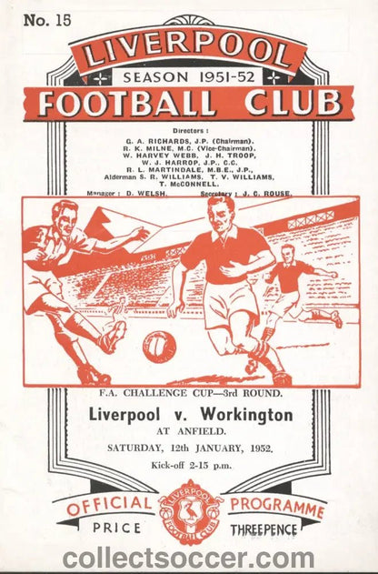 1952 Liverpool v Workington Directors Issue FA Cup 3rd Round Programme 12/1/1952 - Collect Soccer