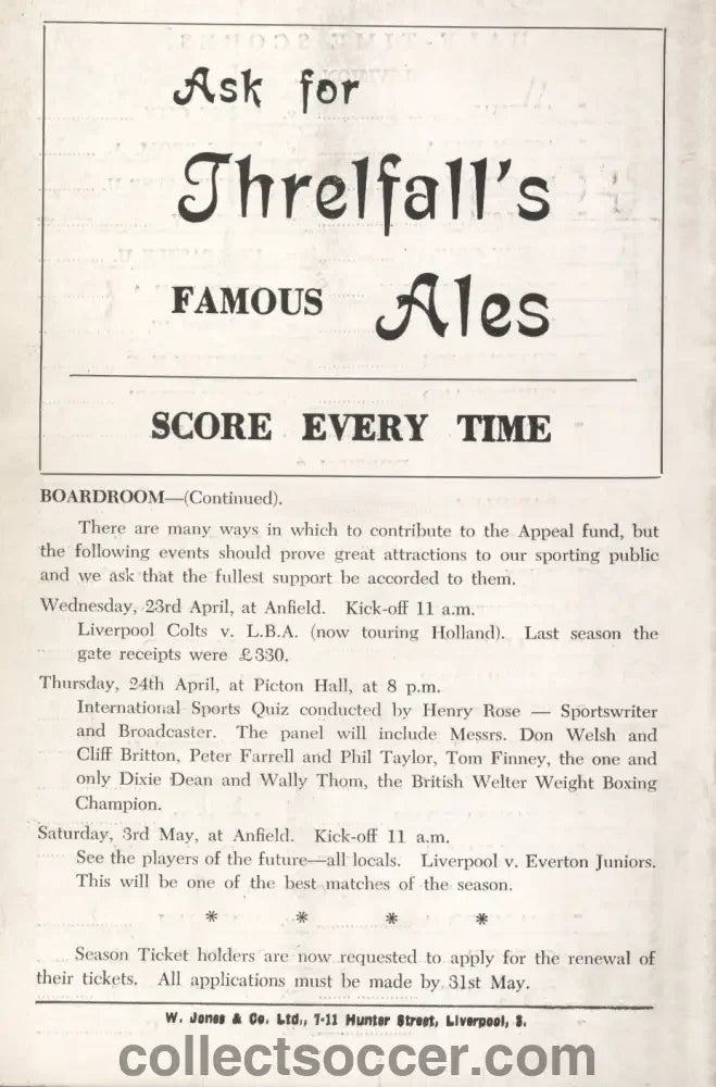 1952 Rare Liverpool v Tottenham Hotspur Director's Issue Programme 19/4/1952 - Collect Soccer
