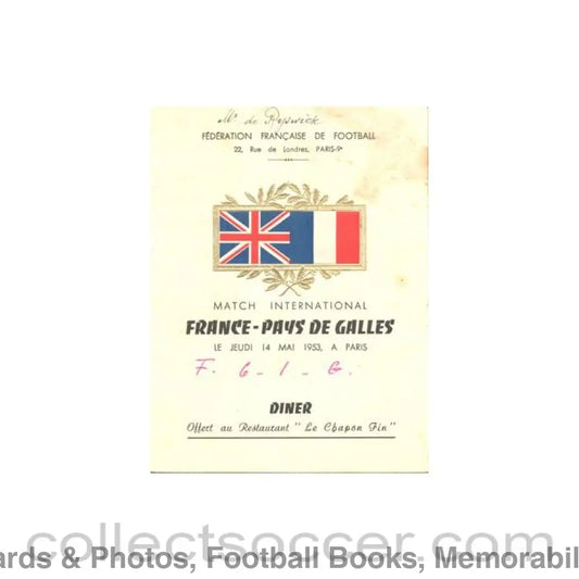 1953 - France v Wales fully signed menu 14/05/1953