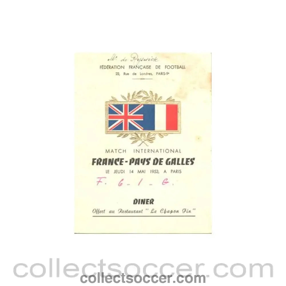 1953 - France v Wales fully signed menu 14/05/1953