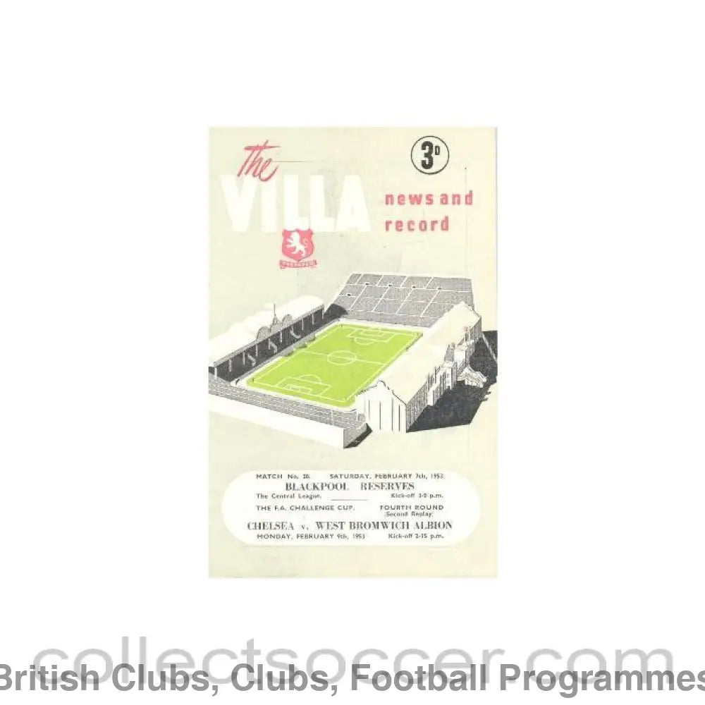 1953 - West Bromwich Albion vChelsea official programme 09/02/1953 F.A. Cup Replay at Aston Villa