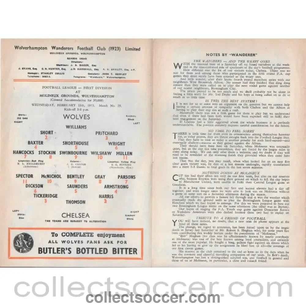 1953 - Wolverhampton Wanderers v Chelsea 18/2/1953 Rare Programme - Collect Soccer