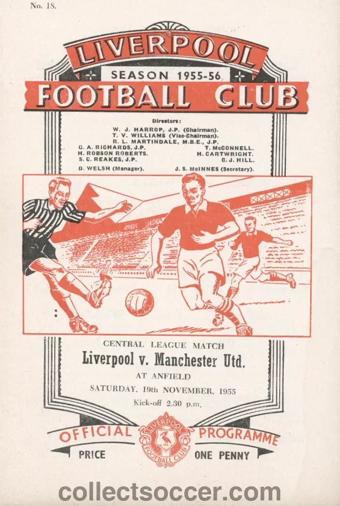 1955 Liverpool v Manchester United Central Leaague Programme 10/11/1955 Bobby Charlton + Jack Crompton play for United - Collect Soccer