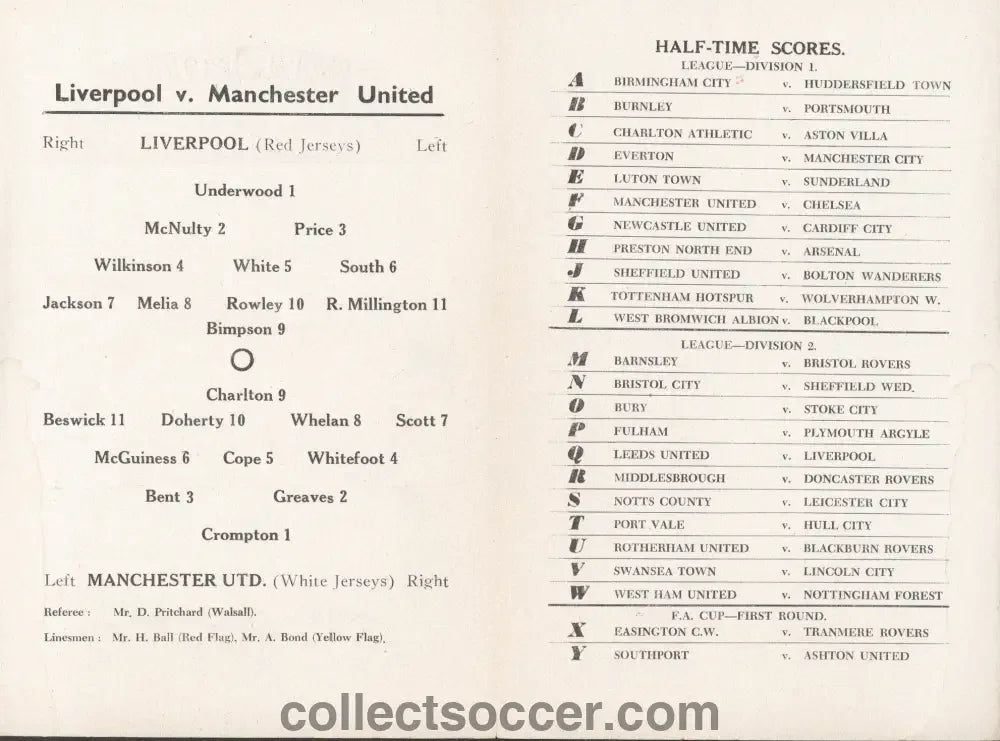 1955 Liverpool v Manchester United Central Leaague Programme 10/11/1955 Bobby Charlton + Jack Crompton play for United - Collect Soccer