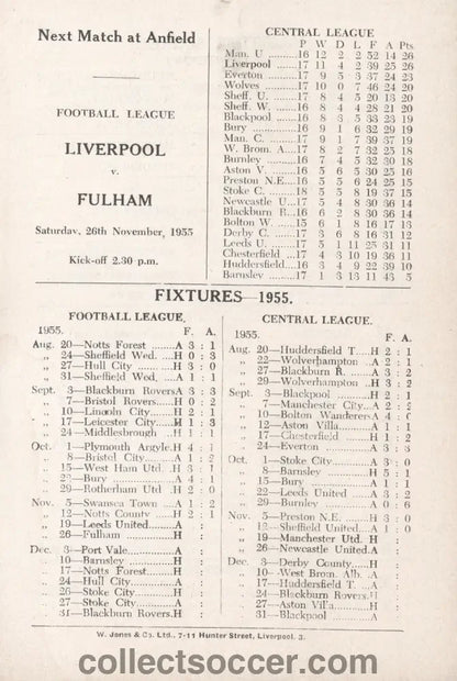 1955 Liverpool v Manchester United Central Leaague Programme 10/11/1955 Bobby Charlton + Jack Crompton play for United - Collect Soccer