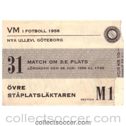 1958 World Cup Original Ticket France v West Germany 28/06/1958