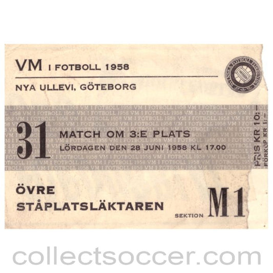 1958 World Cup Original Ticket France v West Germany 28/06/1958