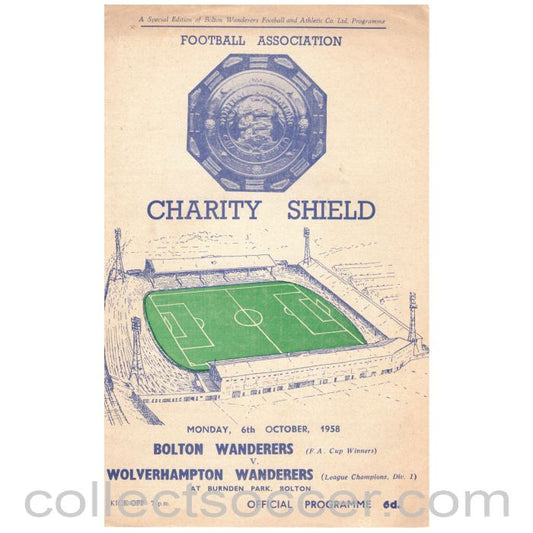 1958 Charity Shield Official Programme Bolton Wanderers v Wolverhampton Wanderers
