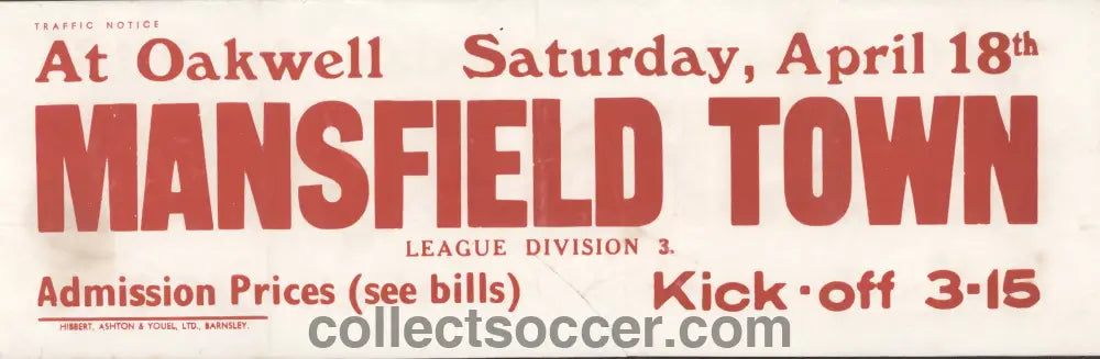 1960’s Original Bus Destination Poster Barnsley v Mansfield Town Reserves