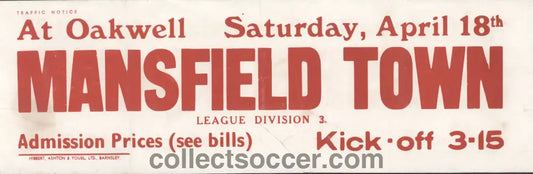 1960’s Original Bus Destination Poster Barnsley v Mansfield Town Reserves