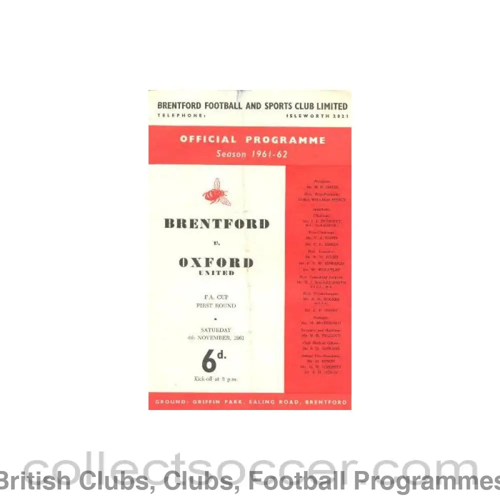 1961 - Brentford v Oxford United official programme 04/11/1961