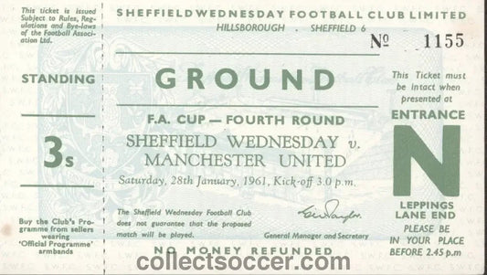1961 Unused Ticket Sheffield Wednesday v Manchester United FA Cup 4th Round