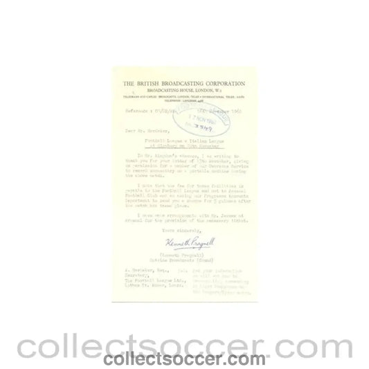 1962 - Letter from BBC originally signed by Kenneth Pragnell Outside Broadcasts of 16/11/1962 to FL