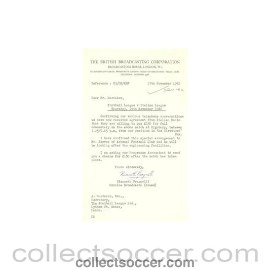 1962 - Letter from BBC originally signed by Kenneth Pragnell Outside Broadcasts of 27/11/1962 to FL