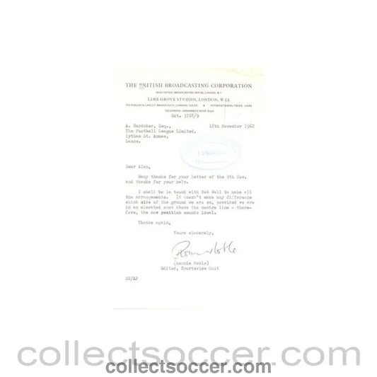 1962 - Letter from BBC originally signed by Ronnie Noble Editor Sportsview Unit of 12/11/1962 to FL