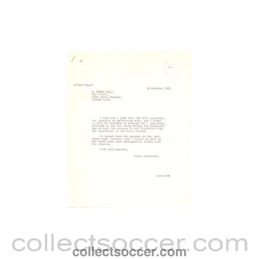 1962 - Letter from BBC originally signed by Ronnie Noble Editor Sportview Unit of 06/11/1962 to FL