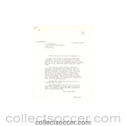 1962 - Letter from BBC TV Centre originally signed by Jack Oaten of 07/11/1962