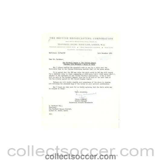 1962 - Letter from BBC TV Centre originally signed by Peter Dimmock General Manager TV Outside Broadcasts of 14/11/1962