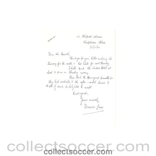 1962 - Letter from Dennis Lewis of 25/11/1962 originally signed by him to Alan Hardaker Secretary of The Football League