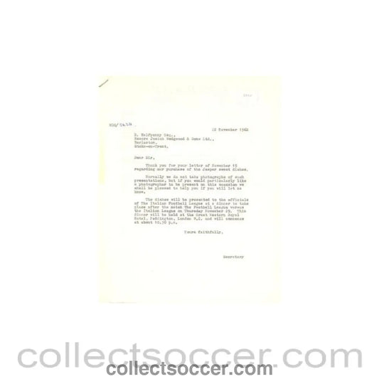 1962 - Letter from Derek Halfpenny Josiah Wedgwood & Sons Ltd. originally signed of 19/11/1962 to the Football League