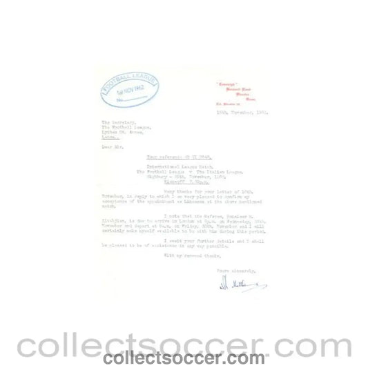 1962 - Letter from N. Matthews originally signed of 16/11/1962 to The Football League