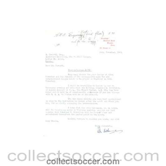 1962 - Letter from N. Matthews originally signed of 24/11/1962 to The Football League