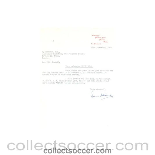 1962 - Letter from N. Matthews originally signed of 27/11/1962 to E. Howarth The Football League