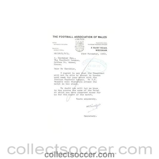 1962 - Letter from The F.A. of Wales originally signed of 23/11/1962 to FL