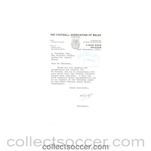 1962 - Letter from The F.A. of Wales originally signed of 26/11/1962 to FL