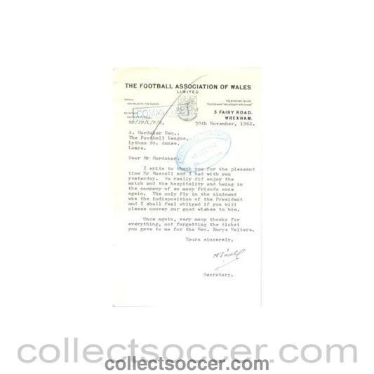 1962 - Letter from The F.A. of Wales originally signed by the Secretary of 30/11/1962 to Alan Hardaker Secretary of The