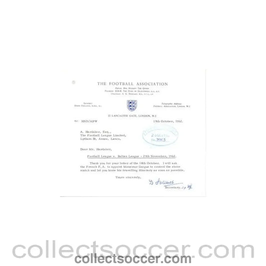 1962 - Letter from The F.A. originally signed of 19/10/1962 to Alan Hardaker Secretary of The Football League