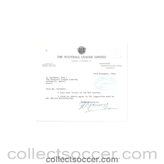 1962 - Letter from The Football League Ltd. originally signed of 10/11/1962 to Alan Hardaker Secretary of The Football