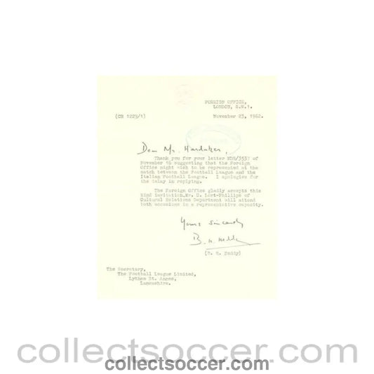 1962 - Letter from The Foreign Office of 23/11/1962 originally signed by B.H. Heddy to The Football League