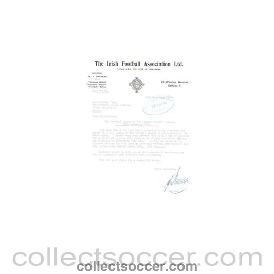 1962 - Letter from The Irish F.A. Belfast originally signed of 15/11/1962 to FL