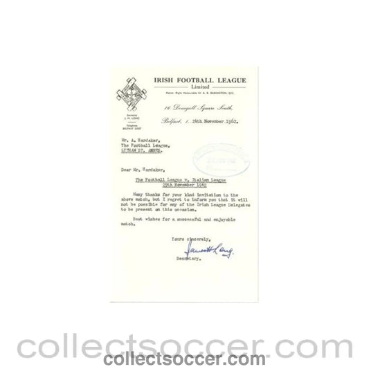 1962 - Letter from The Irish Football League originally signed of 24/11/1962 to FL