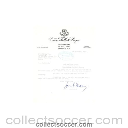 1962 - Letter from The Scottish Football League originally signed of 08/11/1962 to FL