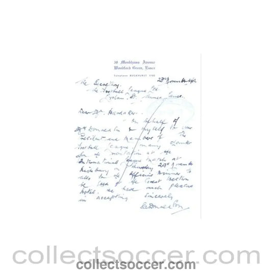 1962 - Letter of 23/11/1962 originally signed to Alan Hardaker Secretary of The Football League