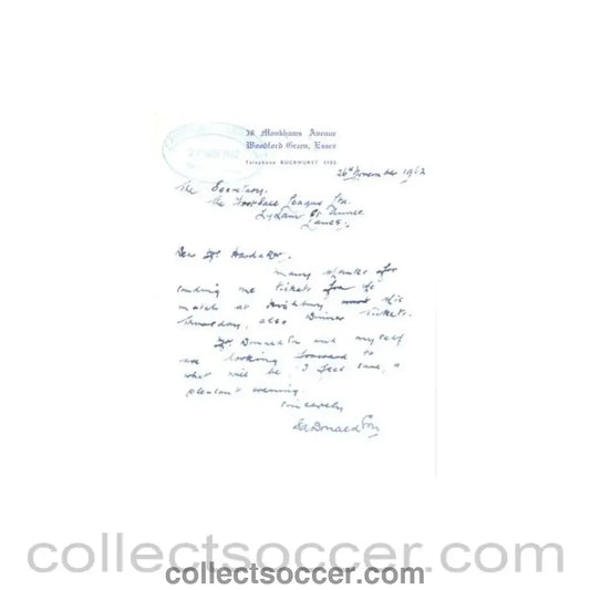 1962 - Letter of 26/11/1962 originally signed to The Football League about the football match The Football League v The
