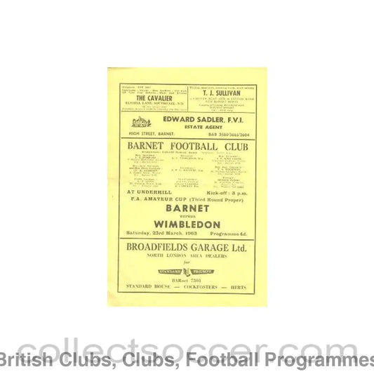 1963 - Barnet v Wimbledon official programme 23/03/1963