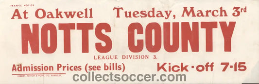 1964 Original Bus Destination Poster Barnsley v Notts County.