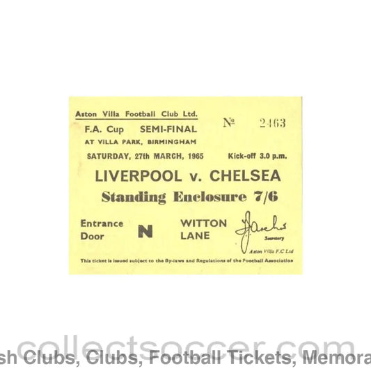 1965 FA Cup Semi-Final Liverpool v Chelsea ticket 27/03/1965