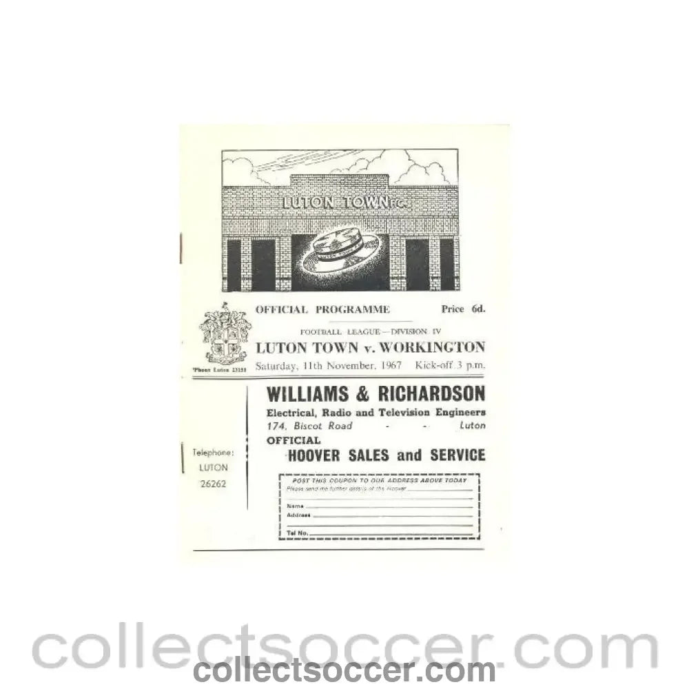 1967 - Luton Town v Workington official programme 11/11/1967 - Collect Soccer