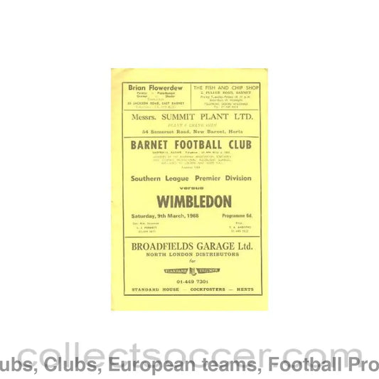 1968 - Barnet v Wimbledon Southern League Premier Division official programme 09/03/1968
