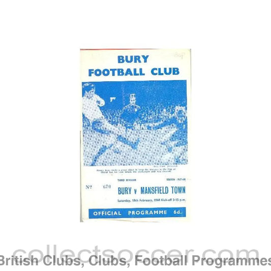 1968 - Bury v Mansfield Town official programme 10/02/1968 Football League