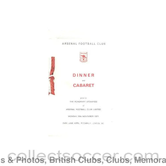1971 - Arsenal - Dinner & Cabaret to The Honorary Stewards of Arsenal FC menu with ribbon 29/11/1971