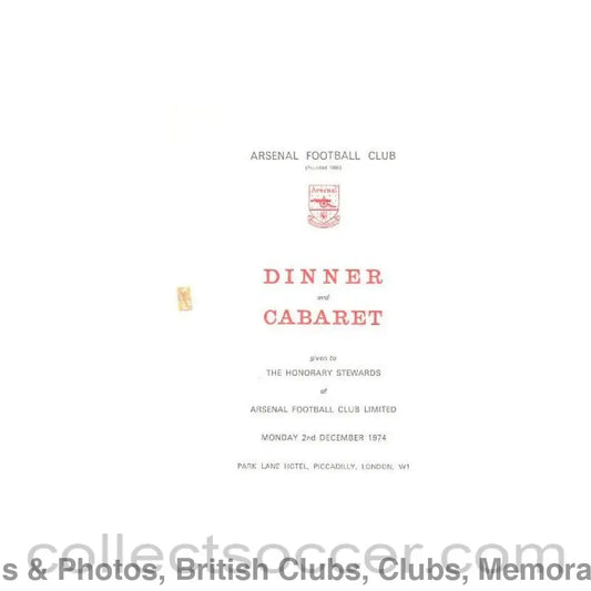 1972 - Arsenal - Dinner & Cabaret to The Honorary Stewards of Arsenal FC menu with ribbon 27/11/1972