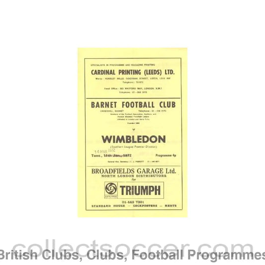 1972 - Barnet v Wimbledon official programme 14/03/1972