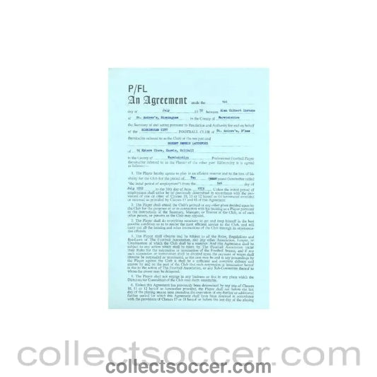 1972 - Contract For Hire of a Player between Birmingham City F.C. and Robert Dennis Latchford (Bob Latchford) of